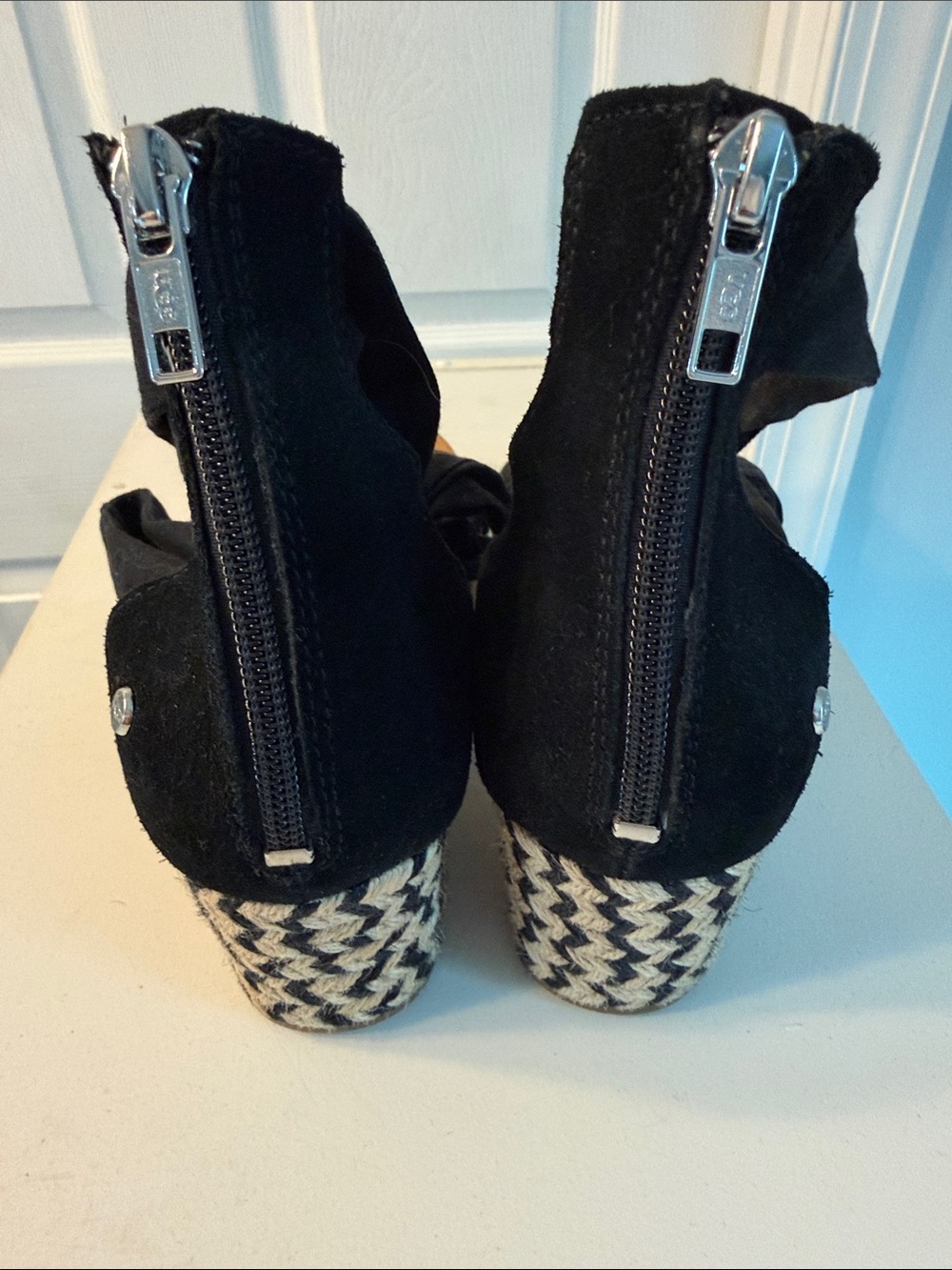 UGG Black Suede Back-Zip Espadrille Wedges with Patterned Heel